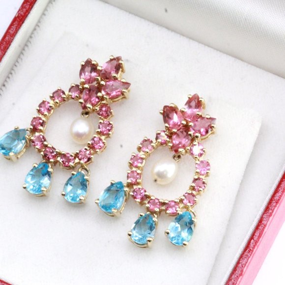 14K Gold Synthetic Tourmaline Topaz Pearl Chandelier Earrings - Picture 6 of 10